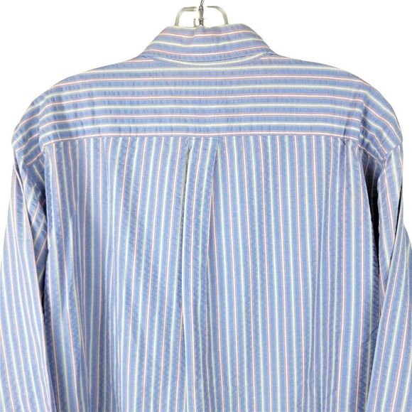 Lands' End Blue Stripes Crepe Textured Cotton Button Long Sleeves Shirt Size L - Picture 6 of 11